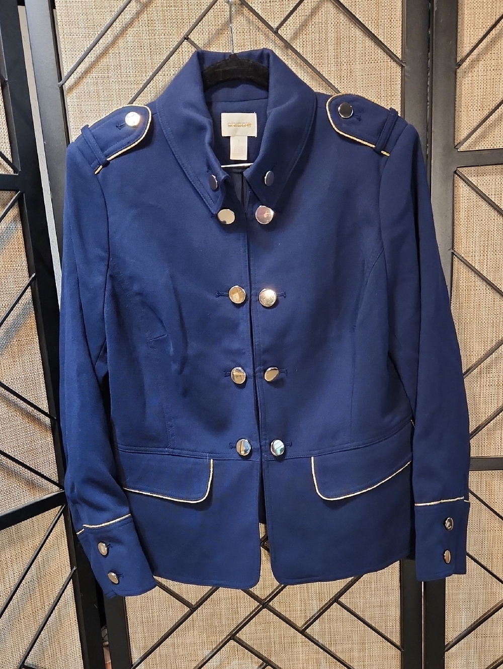 Chico's Military Style Navy Blazer with Gold Trim